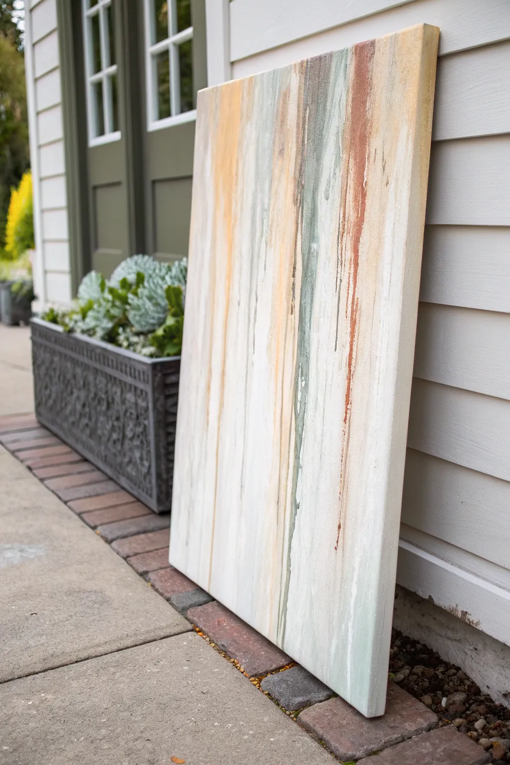 Drip-and-drag waterfall marks with soft earthy layers and crisp contrast on a clean upright canvas