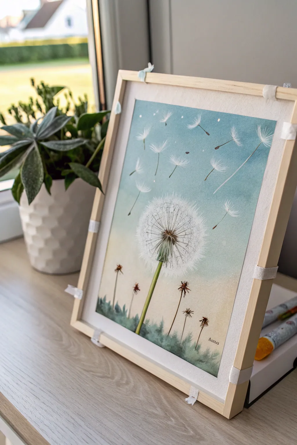Minimal dandelion puff on taped canvas board, crisp seeds drifting across a soft sky