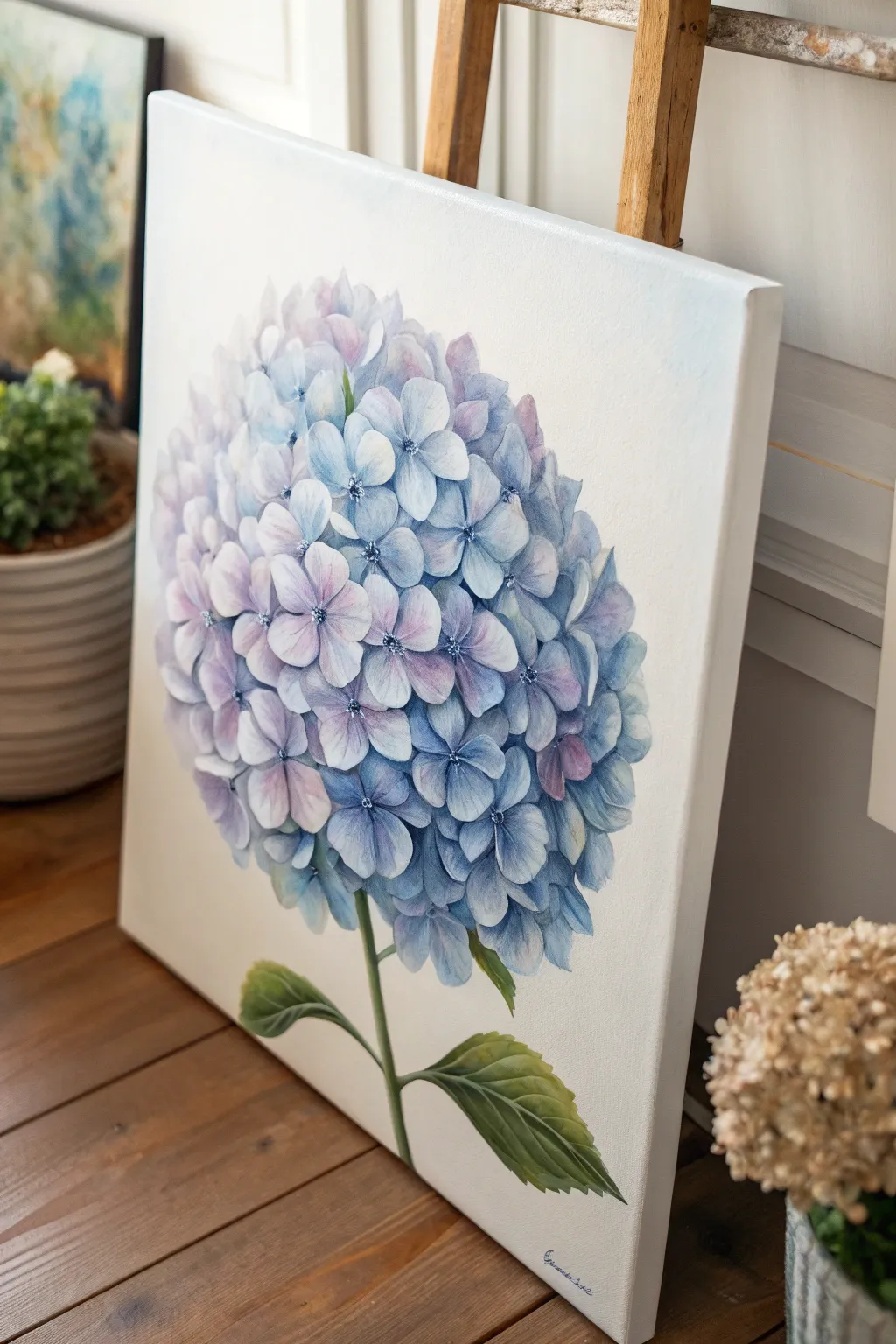 Fluffy hydrangea cluster made from layered petal dabs in cool blues, purples, and white