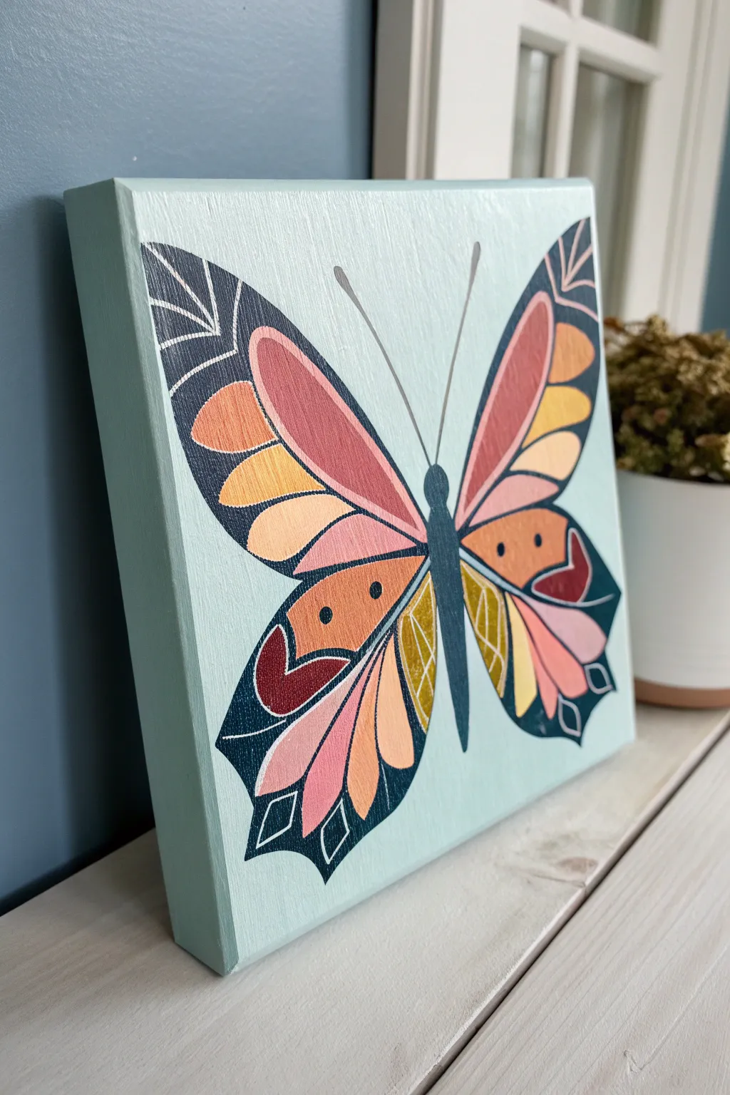 Bold mirrored butterfly on soft blue canvas, a simple symmetry trick kids love to paint.