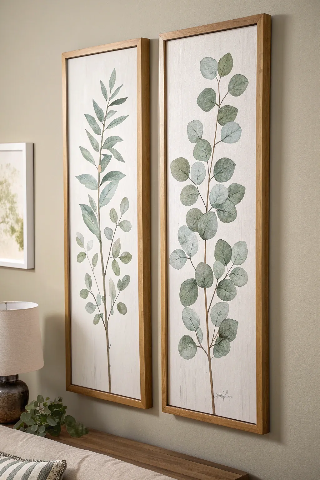 Simple eucalyptus diptych above the bed for a calm, spa-like minimalist bedroom vibe.
