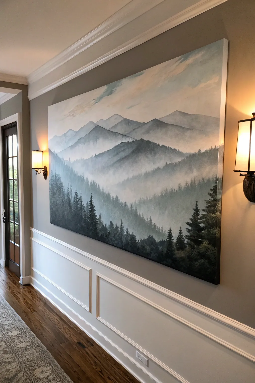 Moody mountain layers in charcoal and smoky blue for a modern neutral living room focal point.