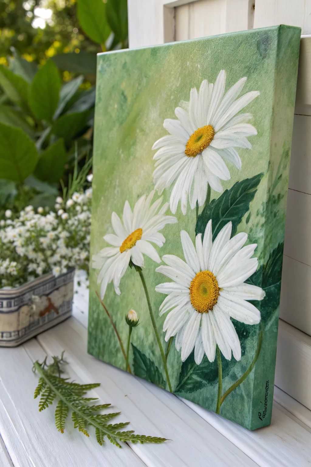 White daisies pop against a fresh spring-green background, simple and calming with bold contrast