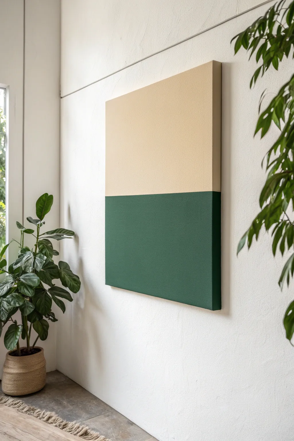 Minimal two-color color-block canvas in warm sand and deep green for calm modern wall art