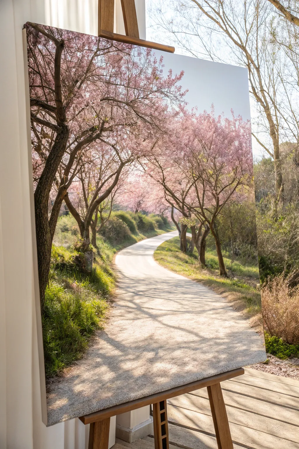 Blossoming tree path on canvas: a classic spring walk in soft pinks with crisp, hopeful light.