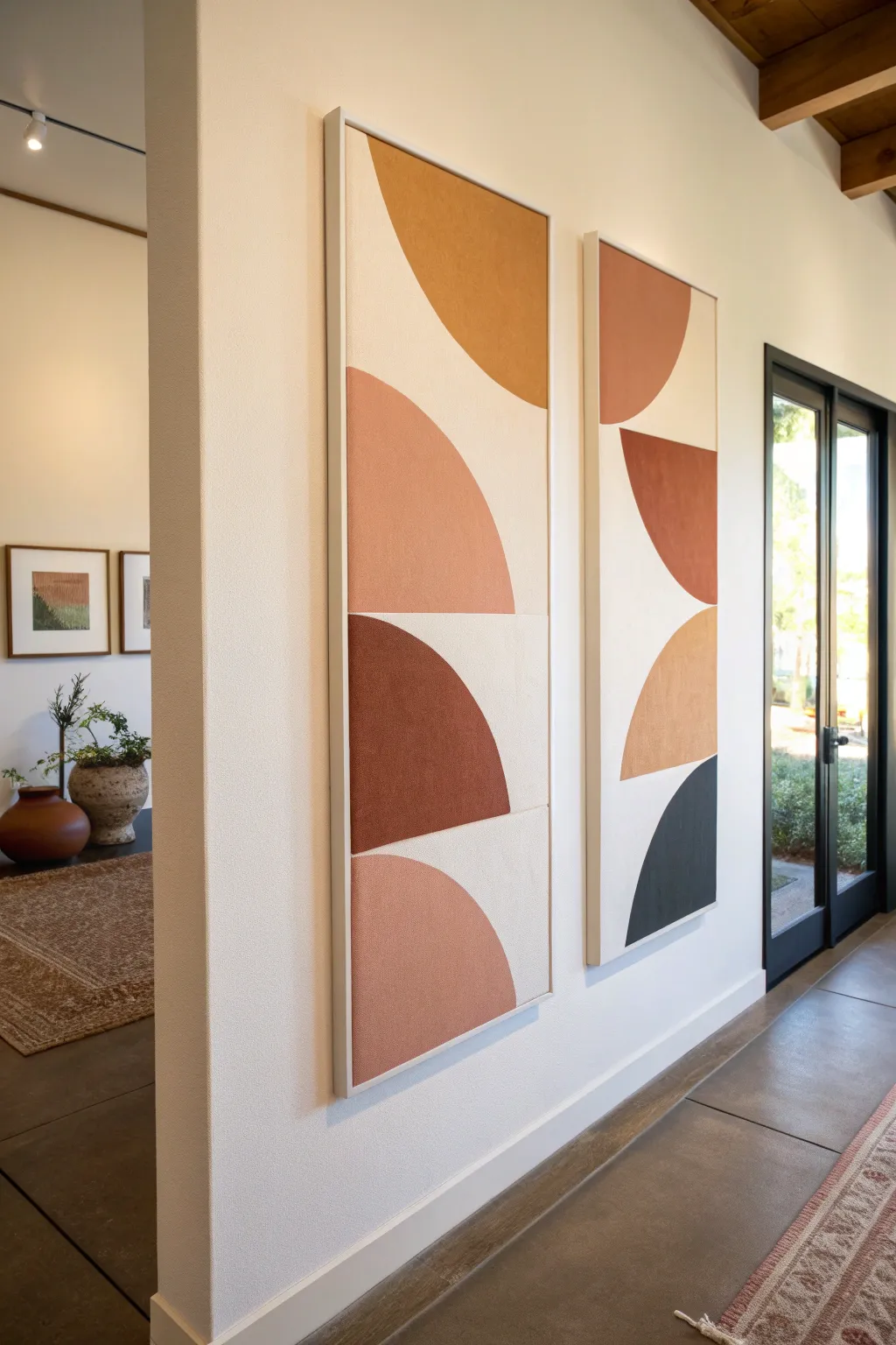 Minimalist diptych color blocks with boho tones for a clean, balanced canvas wall art look