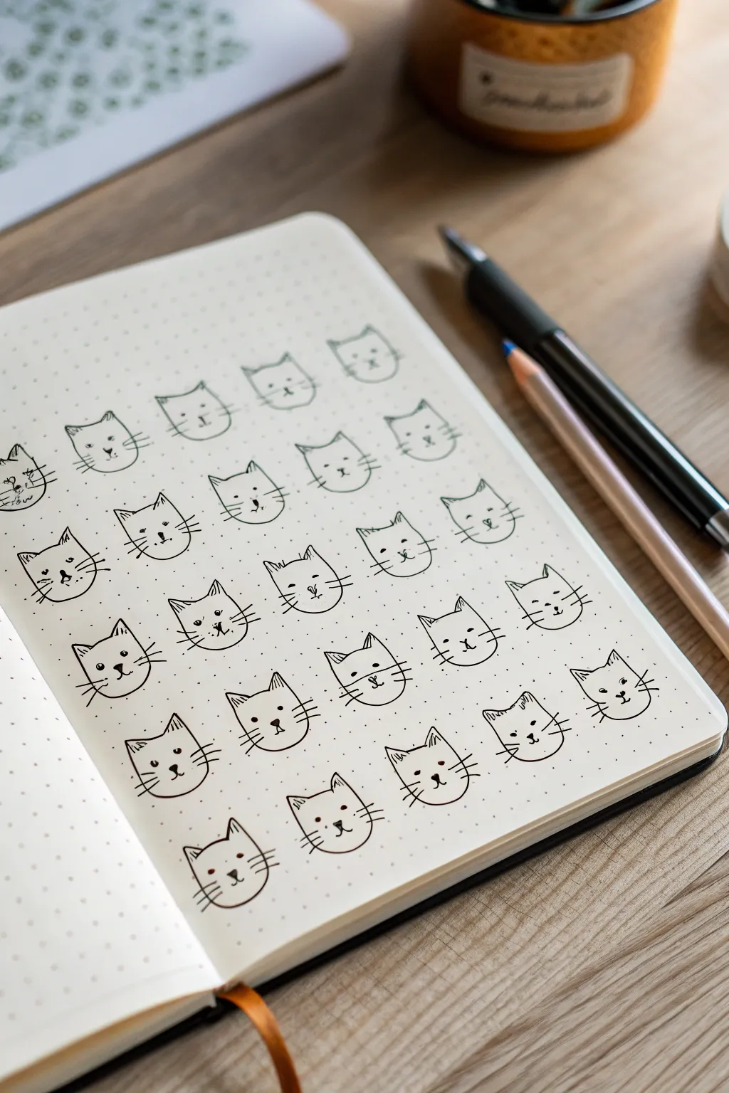 Minimal cat expression sheet in a clean sketchbook, perfect for easy doodle inspiration