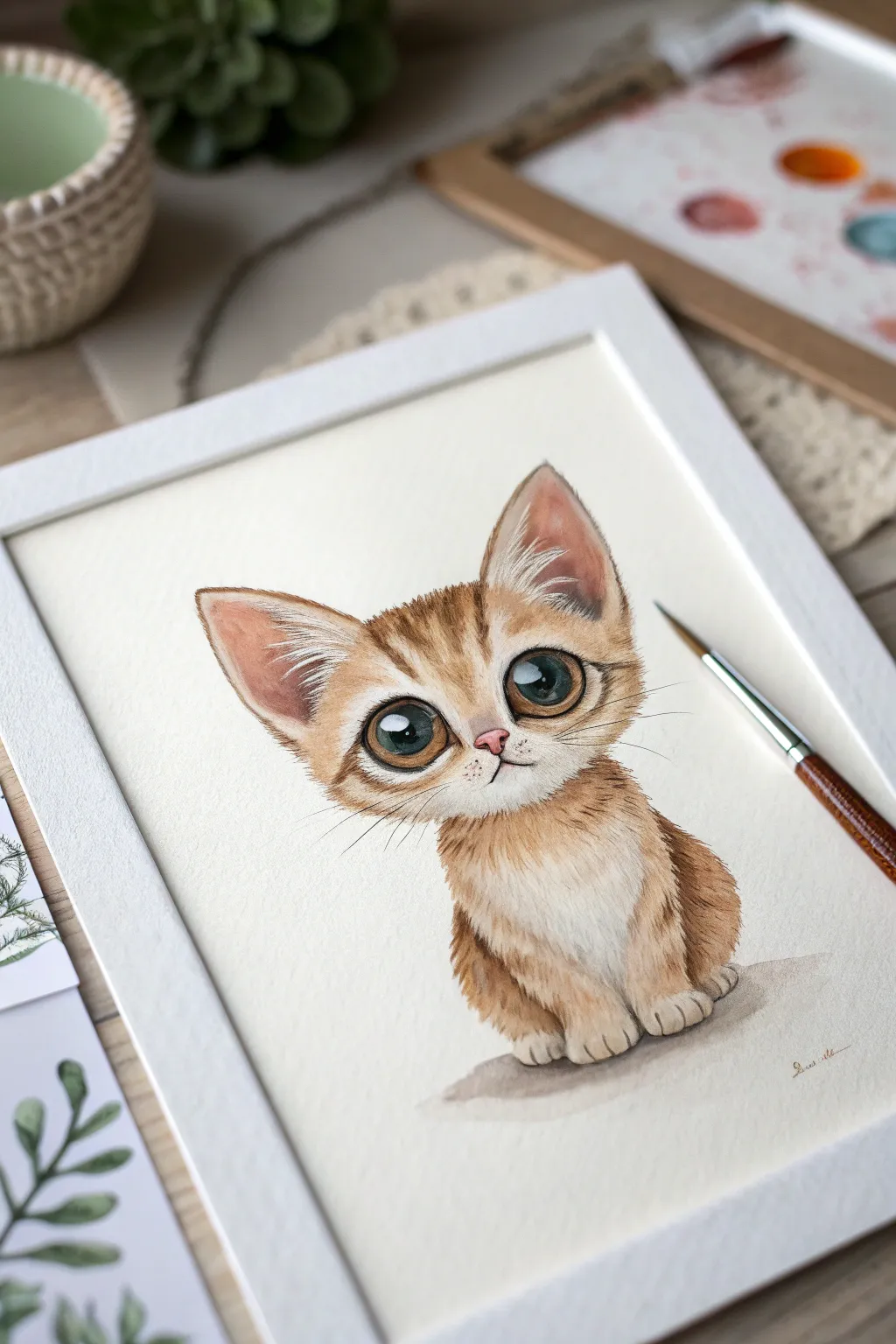 Playful kitten with oversized eyes in a minimalist Scandinavian palette with soft boho warmth.