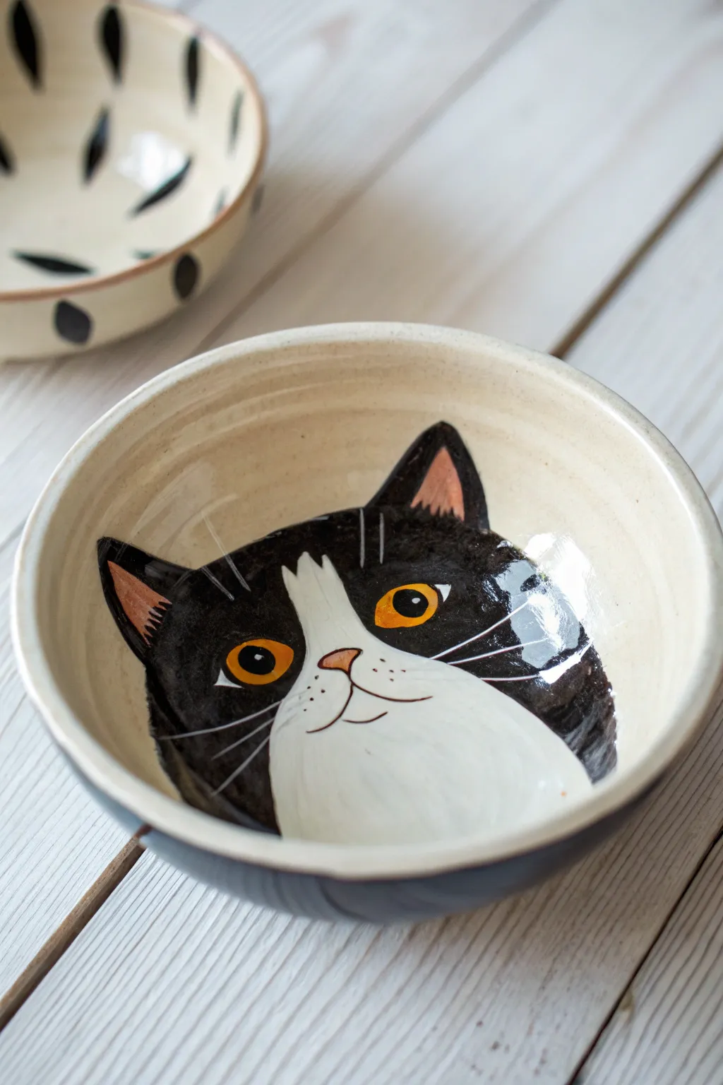 Tuxedo cat pottery bowl idea: bold black patches, bright eyes, minimal Scandinavian-boho look