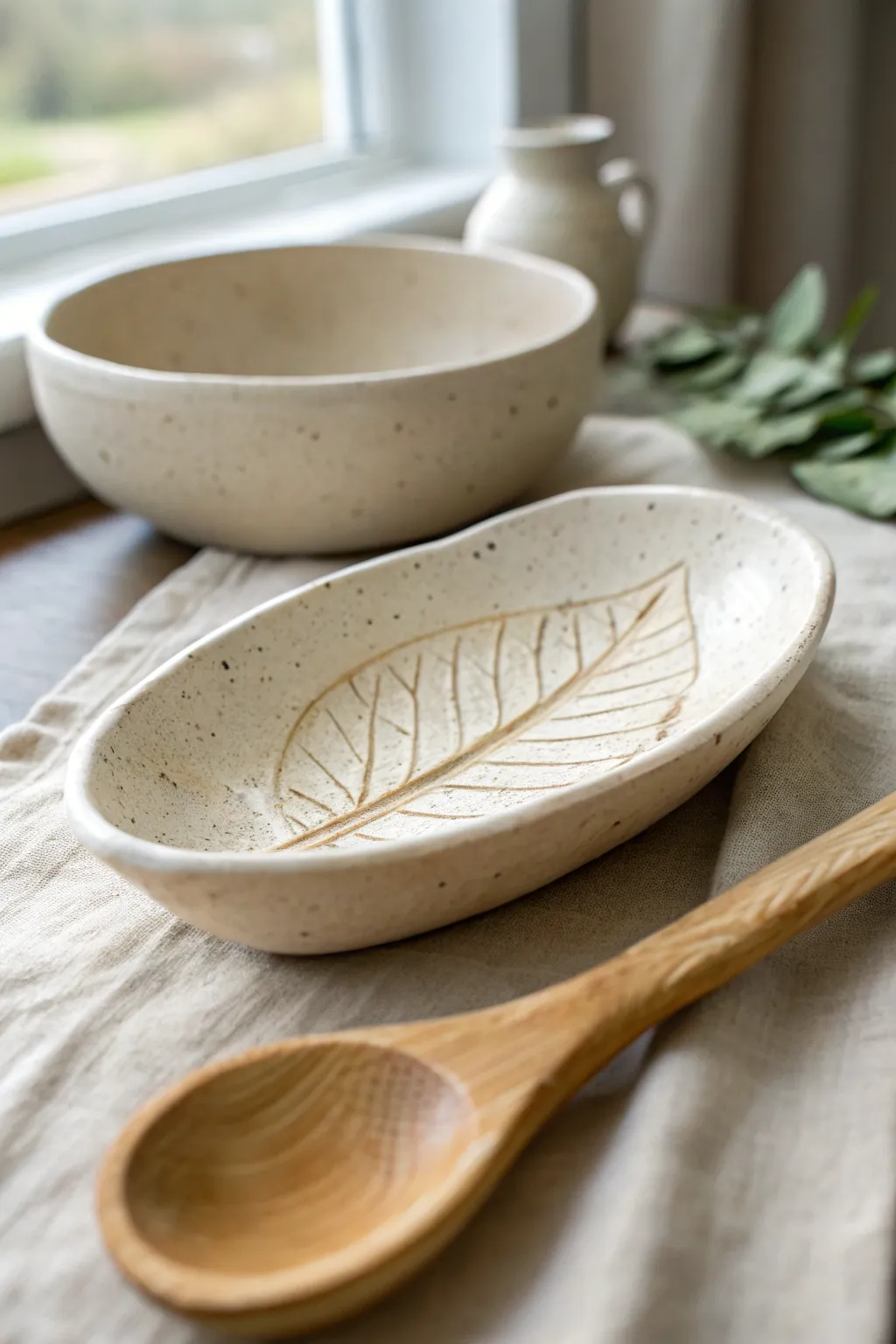Minimal ceramic spoon rest with crisp leaf impressions, soft linen styling and warm natural light