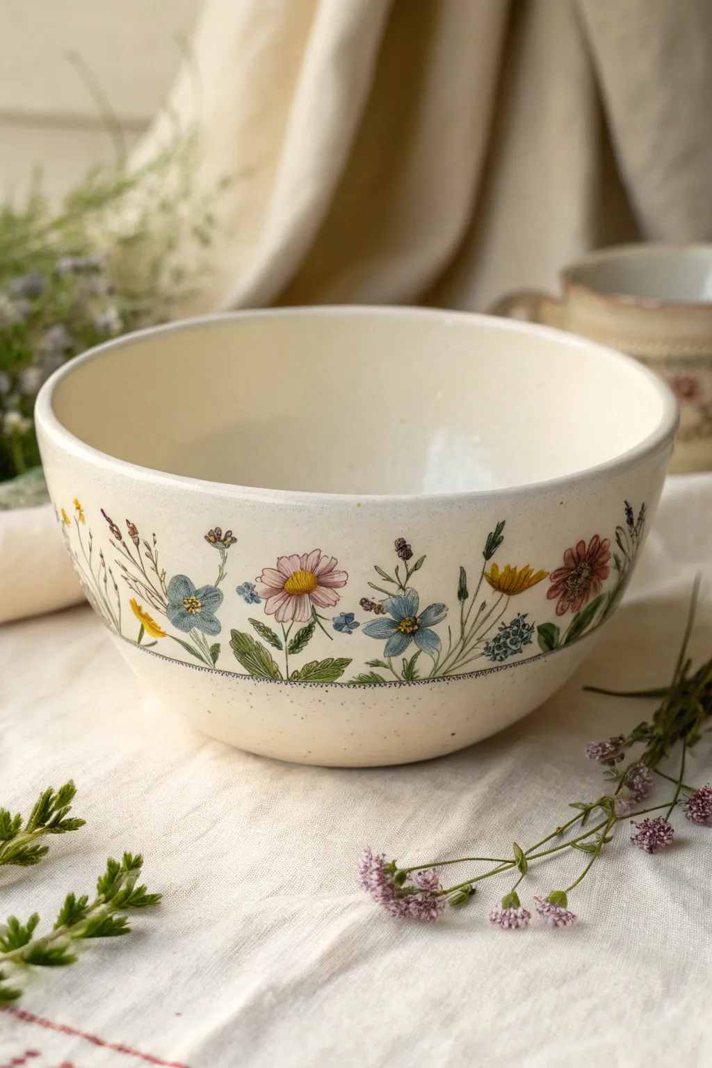 Delicate tiny wildflowers wrap the bowl in a sweet meadow band for simple ceramic painting inspo