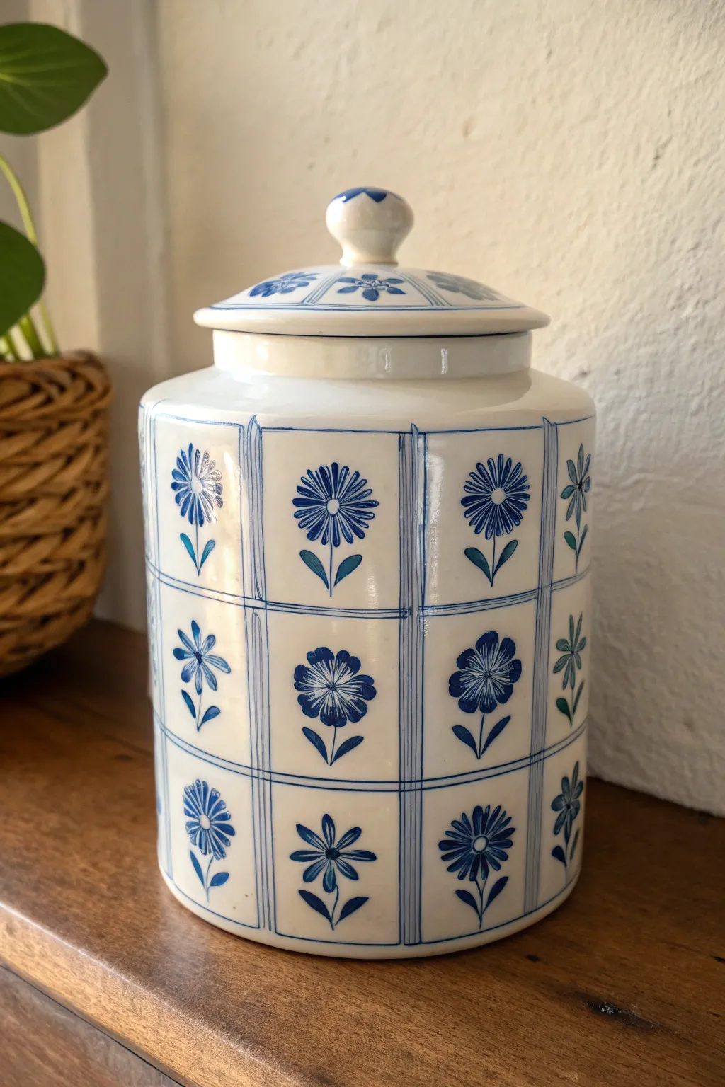 Cobalt floral tile panels on a glossy white cookie jar, crisp brushwork and minimalist charm.