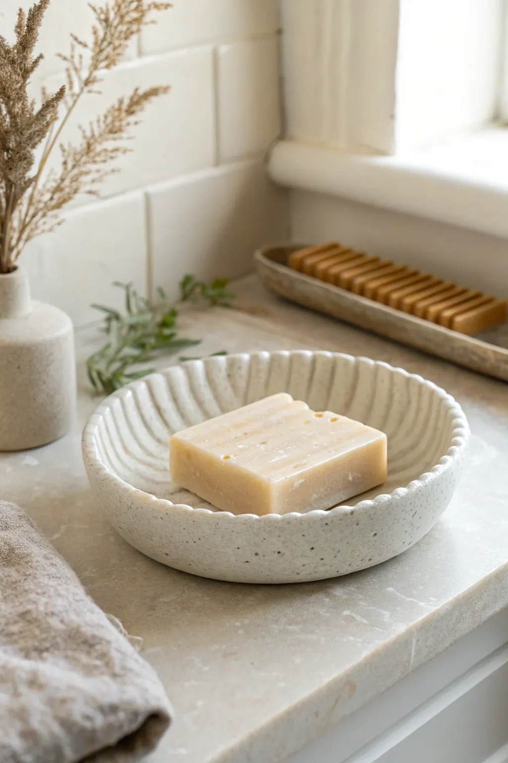 Minimalist handmade ceramic soap dish with drainage ridges in soft natural light