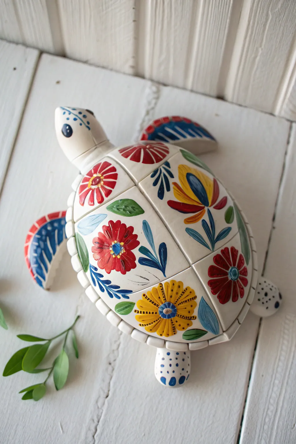 Bright folk florals transform a ceramic turtle shell into a joyful, handcrafted statement piece.