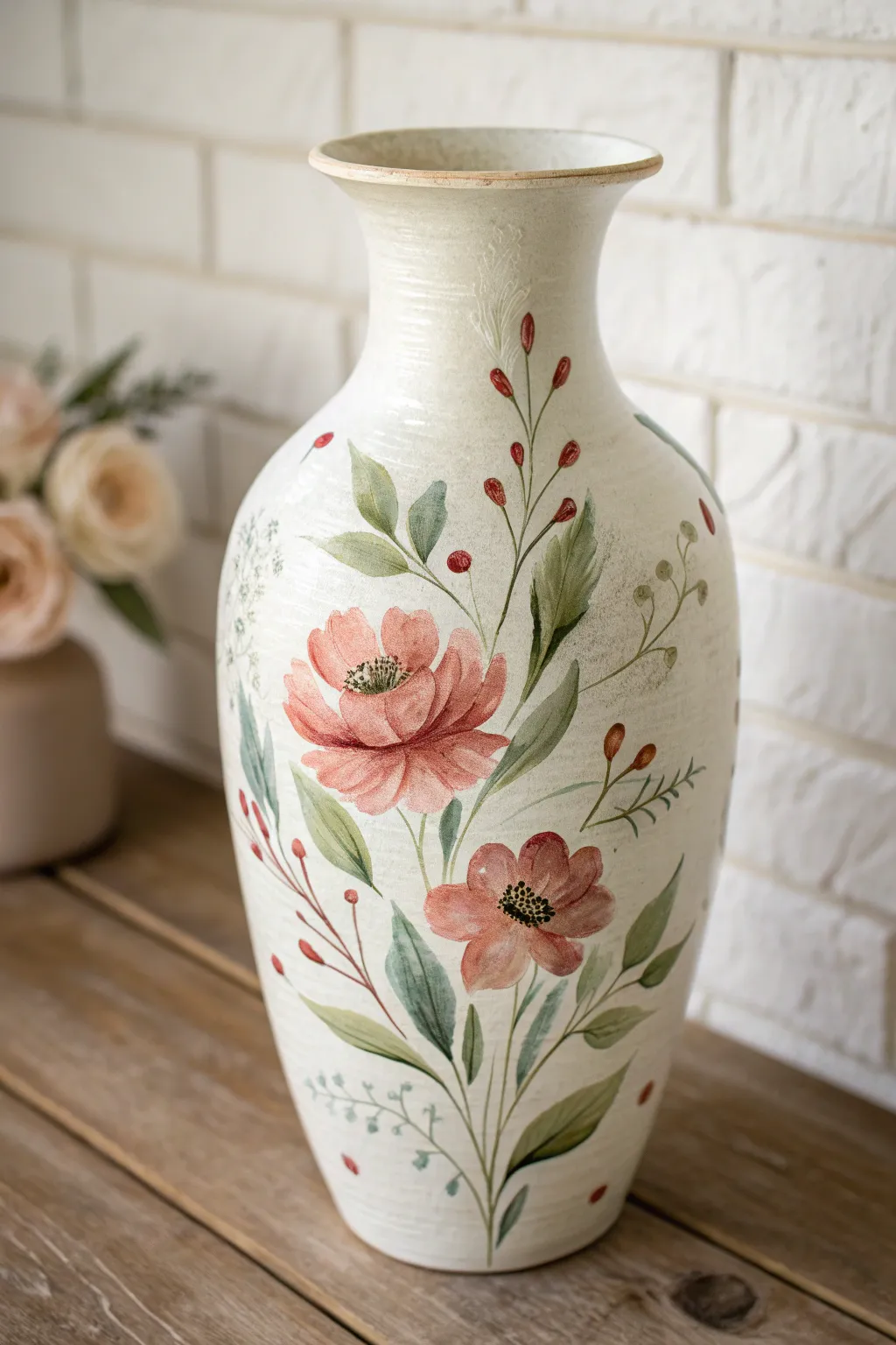 Loose watercolor florals on a creamy ceramic vase, airy Scandinavian minimal with boho softness.