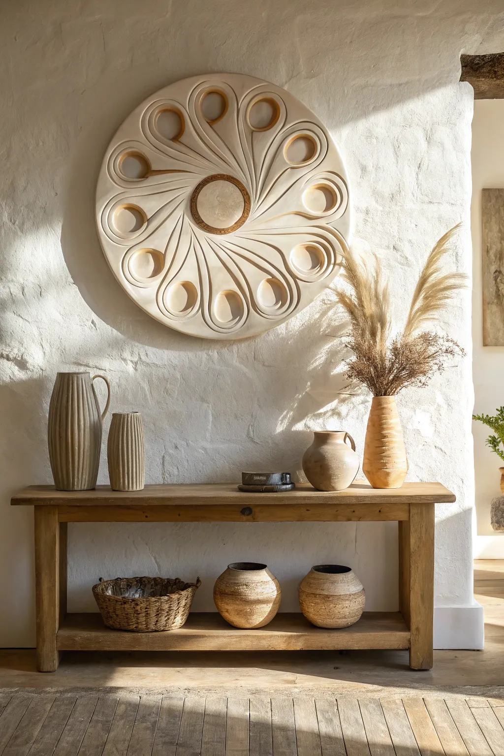 One bold ceramic wall sculpture above a neutral console, dramatic shadows and calm boho minimalism