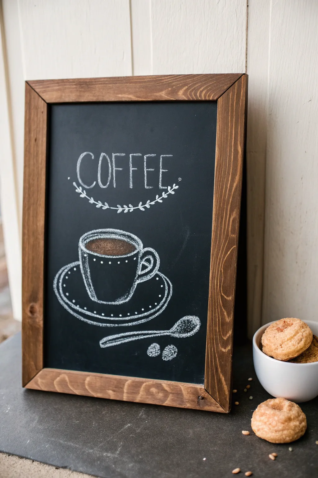 Minimal coffee-and-treat chalk doodles in crisp white lines for a cozy, modern menu board look