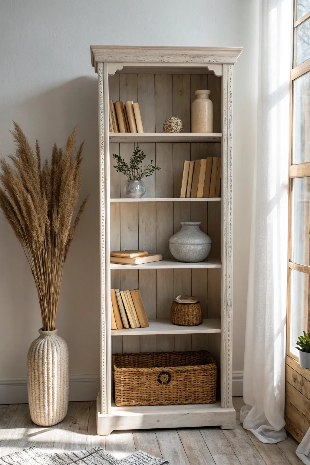 Soft white chalk paint and gentle distressing give this minimalist bookshelf a warm, lived-in glow.