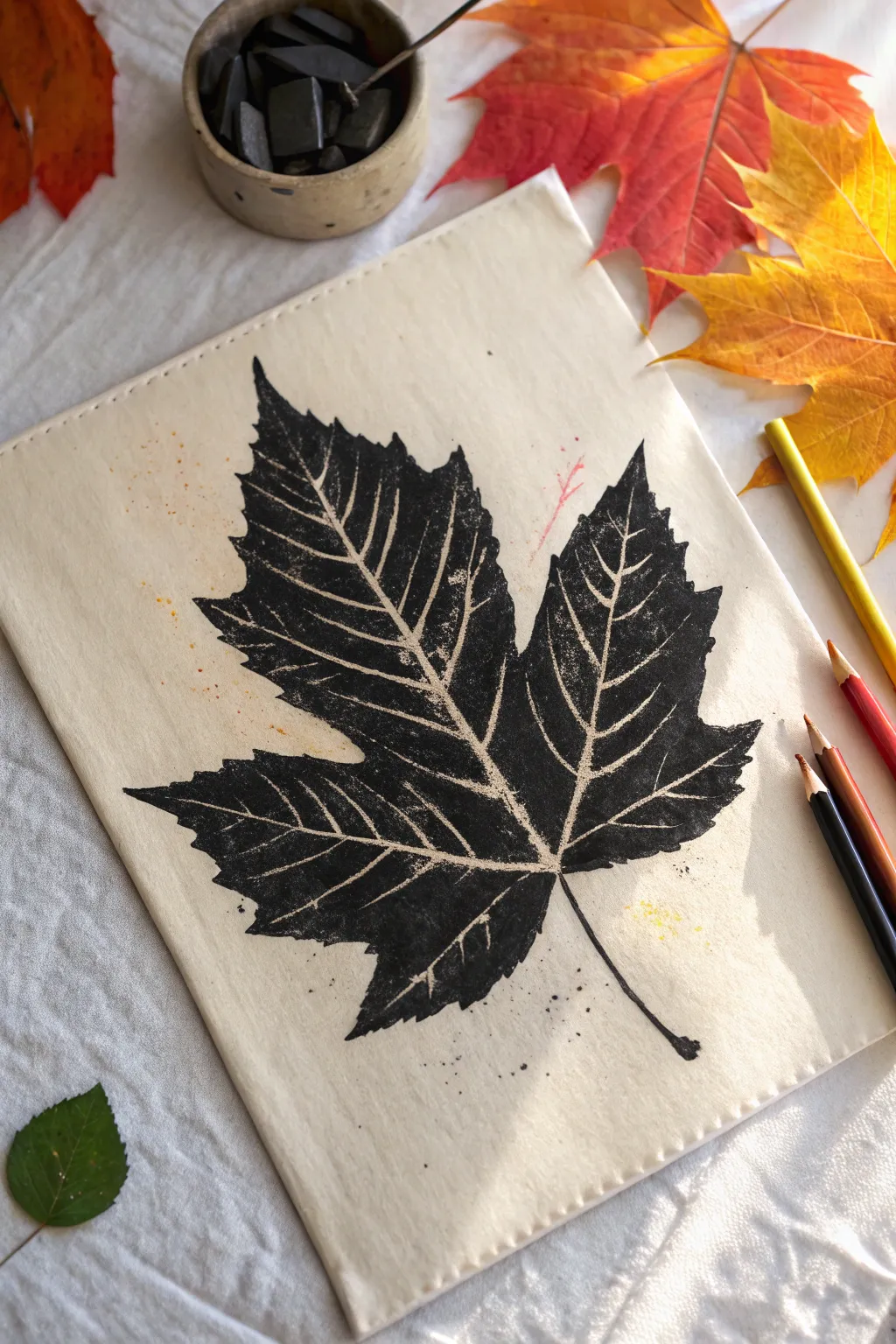 A bold black leaf silhouette set against a fiery chalk pastel wash with soft, smudged edges.