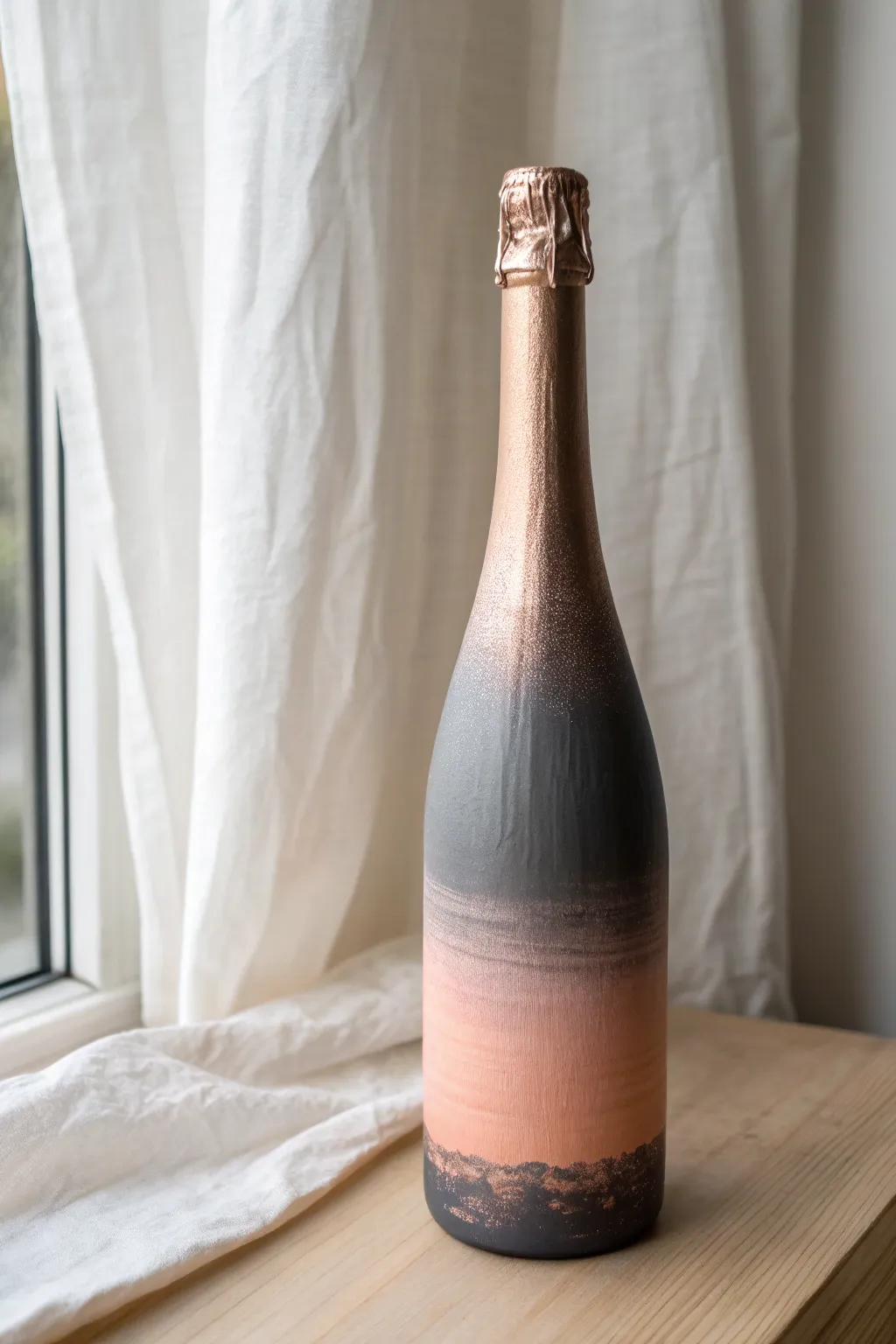 Minimalist champagne bottle with a soft ombre fade from dark base to blush neck