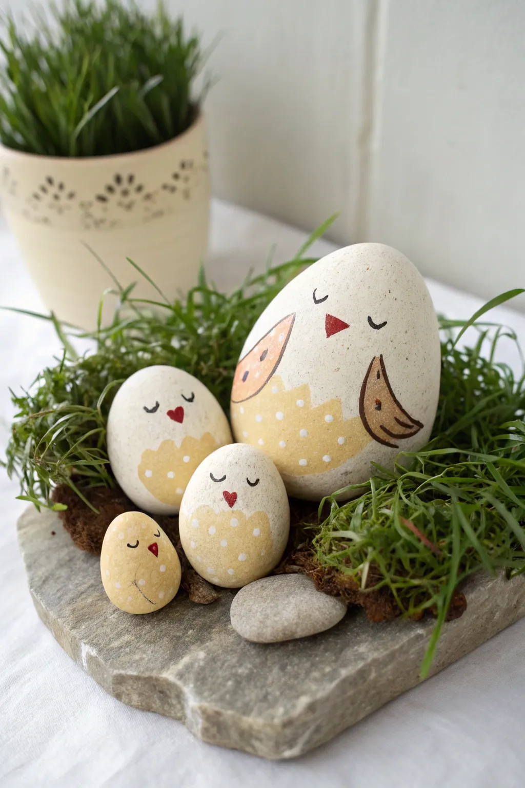 Mother hen and three chick rocks in a minimalist, boho-inspired family cluster on grass.