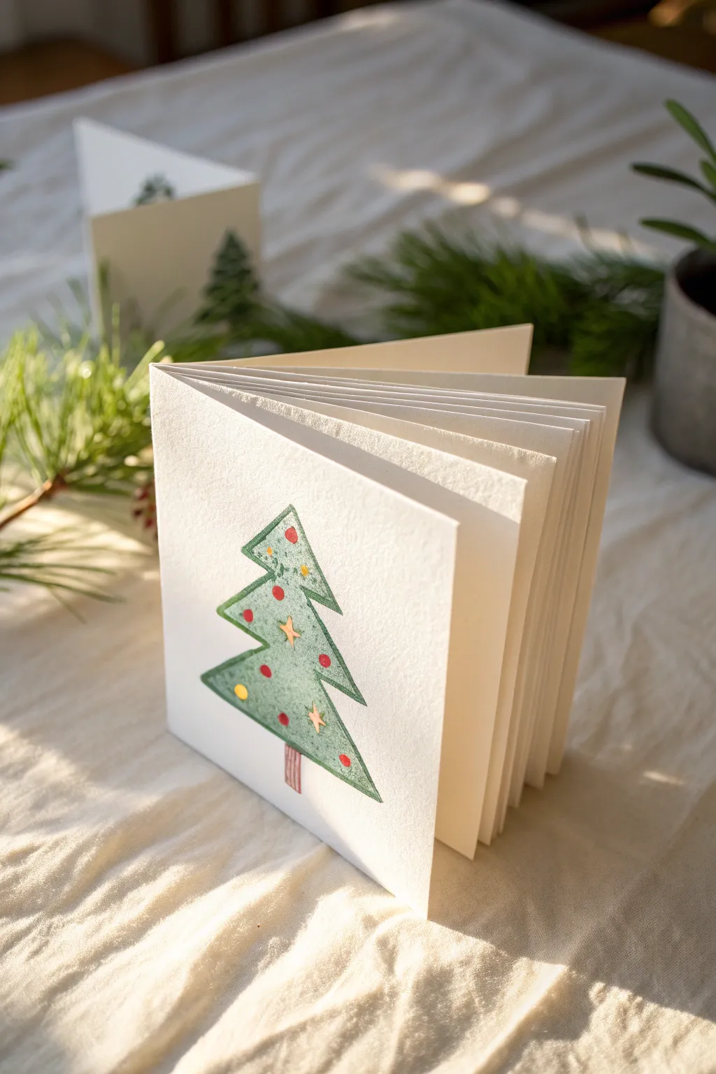 Easy kids Christmas tree card: folded paper, simple paint strokes, and bright dot ornaments