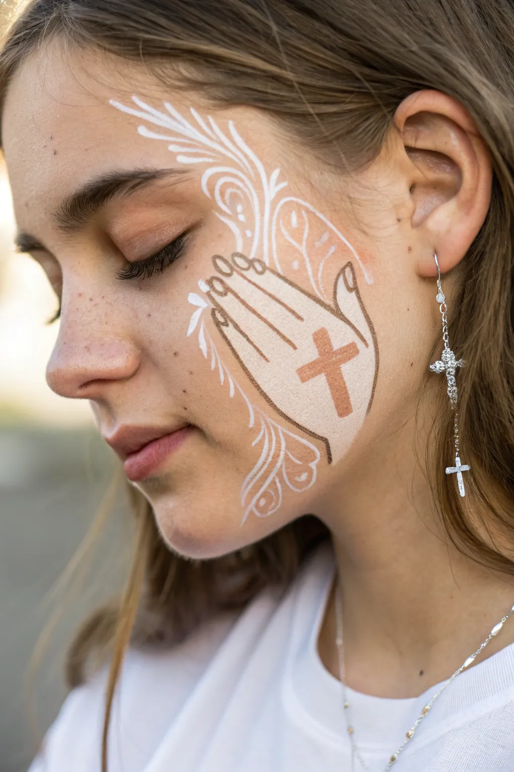 Minimal praying hands cheek design in soft neutrals with a tiny cross charm detail.