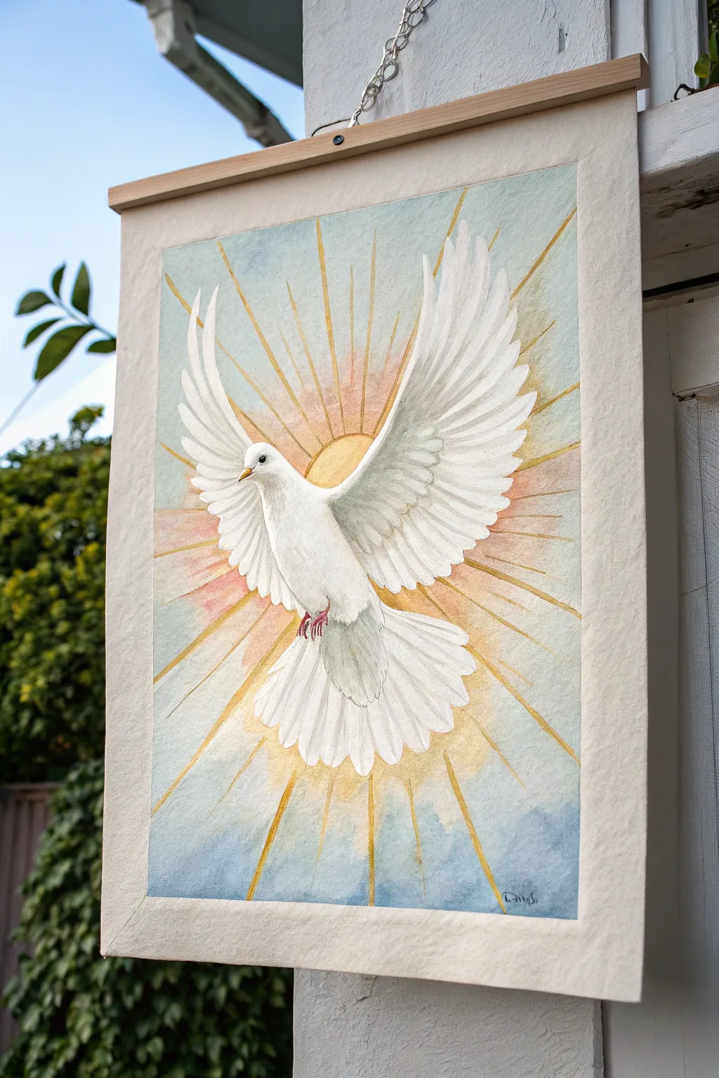 Luminous Holy Spirit dove in golden rays, minimalist watercolor inspiration for Christian painting