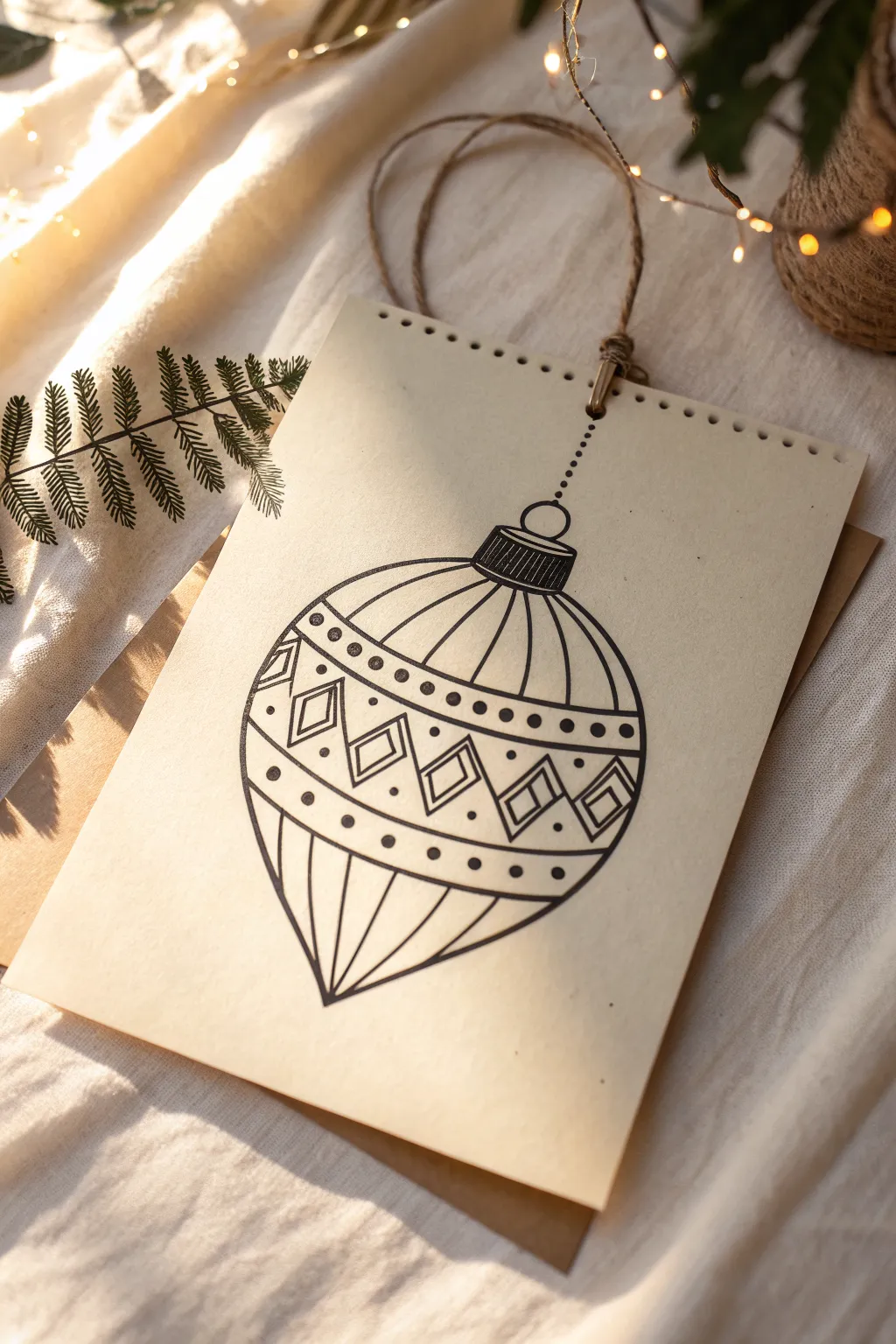 Minimal line art ornament with simple patterns, perfect for easy Scandinavian Christmas sketches.