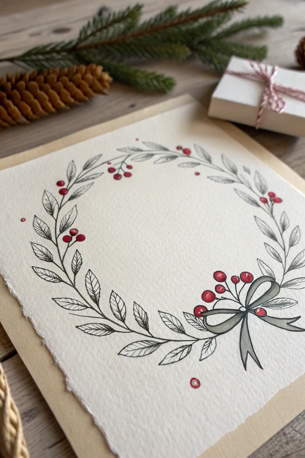 Start with one circle: an easy minimalist wreath doodle with leaves, berries, and a bow