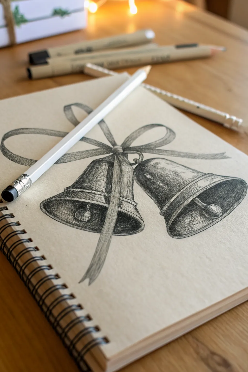 Draw two jingle bells with crisp highlights and bold shadows for a festive metallic glow.