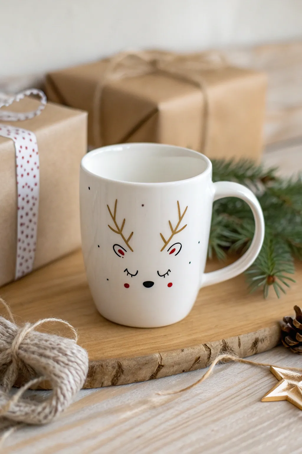 Minimal reindeer mug with clean antlers, styled with kraft wrap and twine for a giftable look