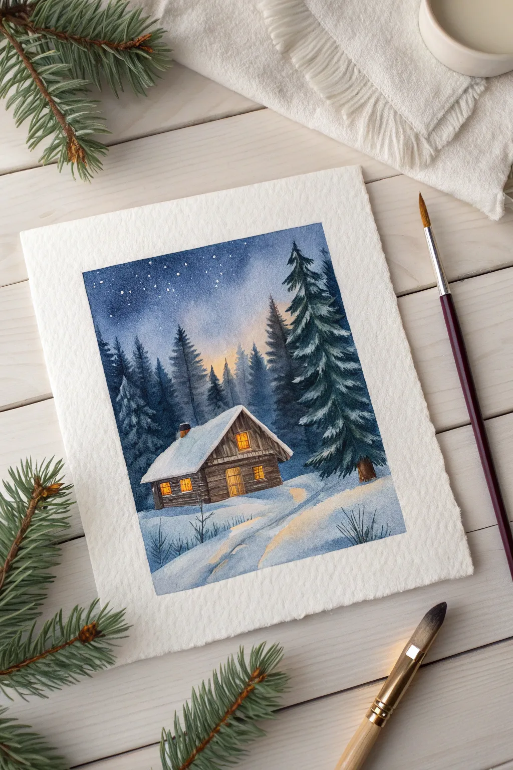 Paint a cozy winter hideaway with this glowing cabin idea. A perfect seasonal creative project.