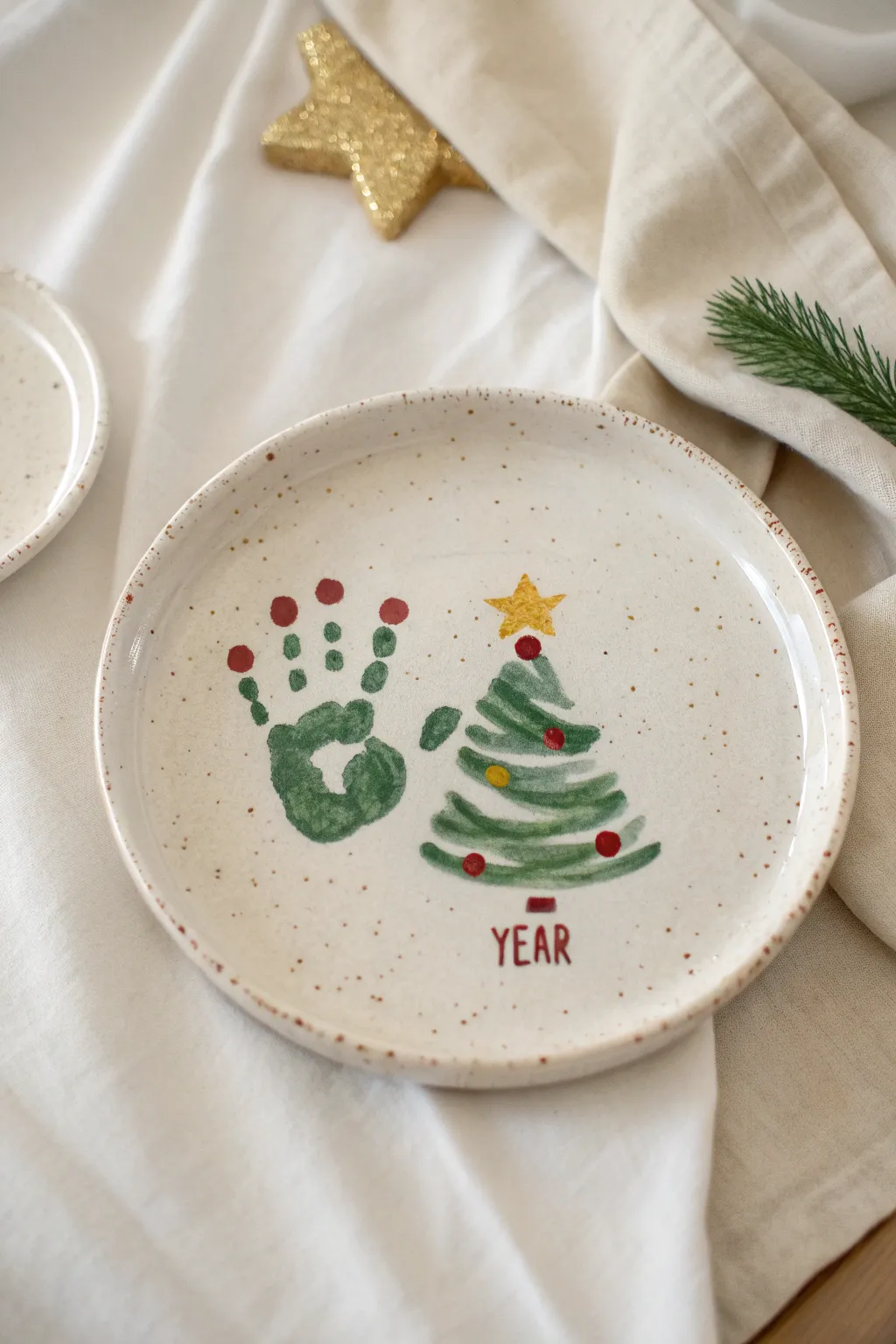 Sweet handprint Christmas tree keepsake plate in minimalist Scandi style, perfect for kids.
