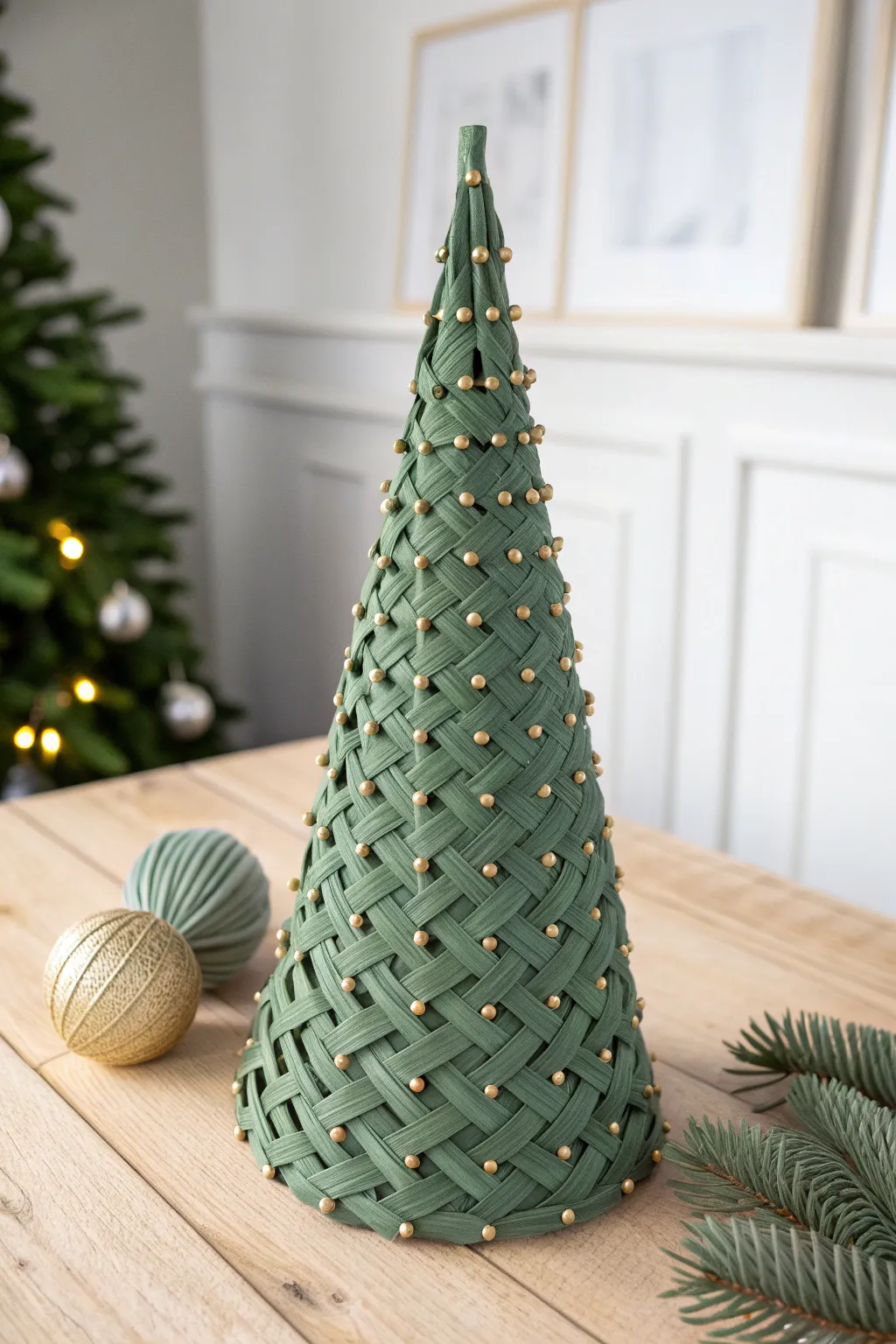 Woven paper Christmas tree in Nordic greens with delicate gold dot ornaments and crisp texture