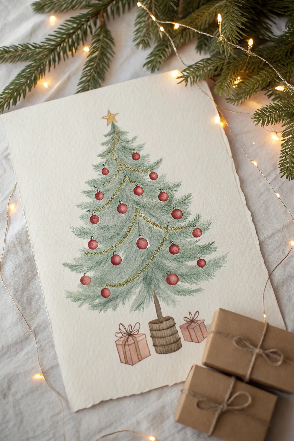 Classic Christmas tree drawing with ornaments and lights in a minimalist Scandinavian style