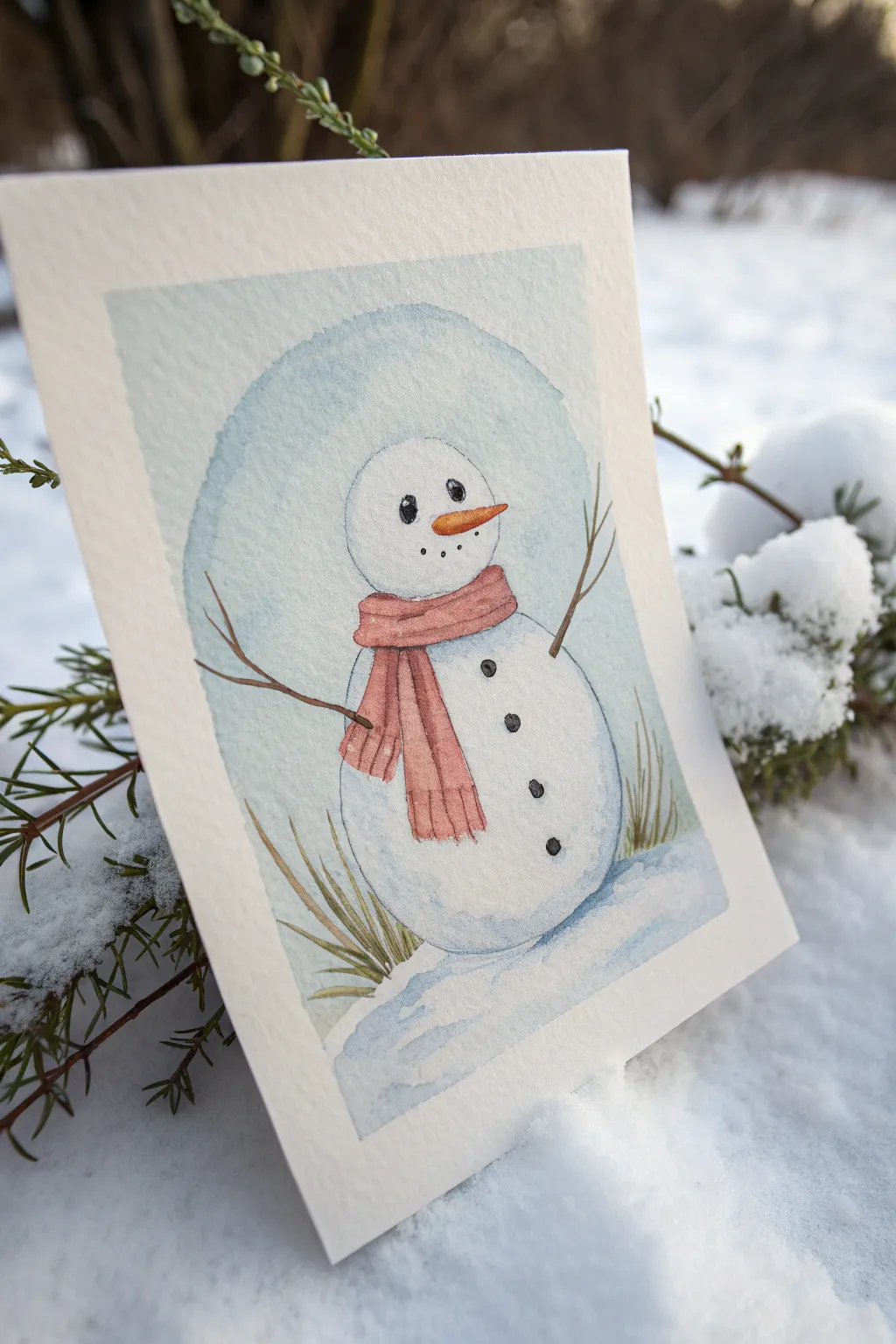 Minimal snowman watercolor with an icy wet-on-wet wash for a soft, frosty Christmas feel
