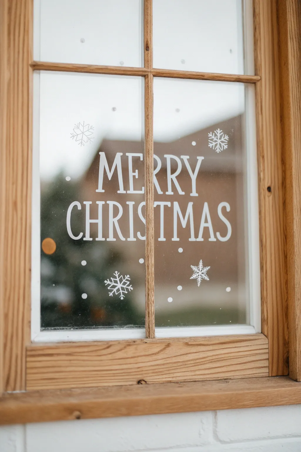 Minimalist Christmas window art with bold faux-calligraphy, tiny stars, dots, and snowflakes