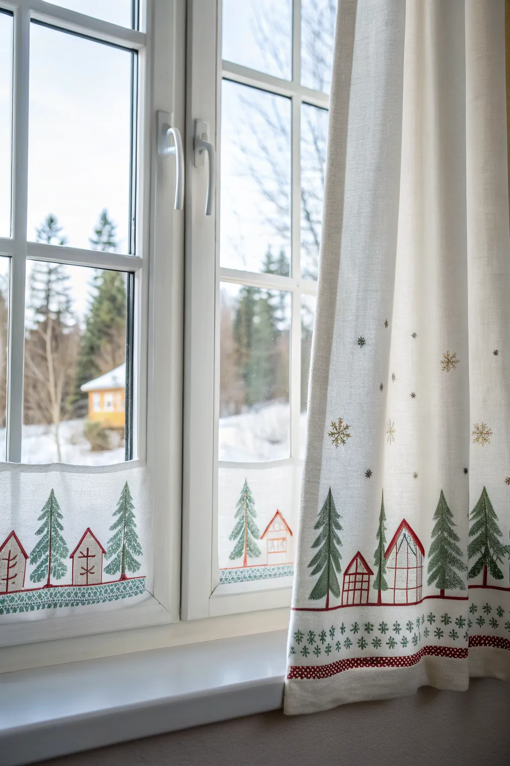 Snowy village window painting pattern with cozy Scandinavian simplicity, perfect for a festive sill.