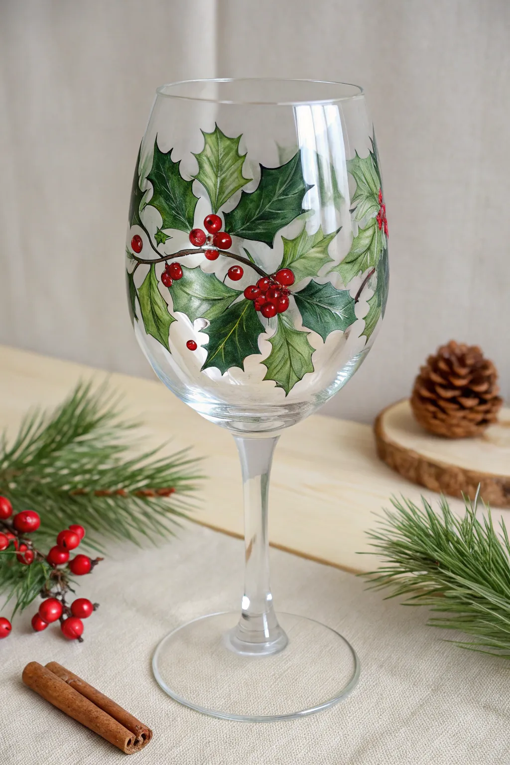 Holly garland wine glass with vivid red berries, minimal Nordic styling and soft winter light