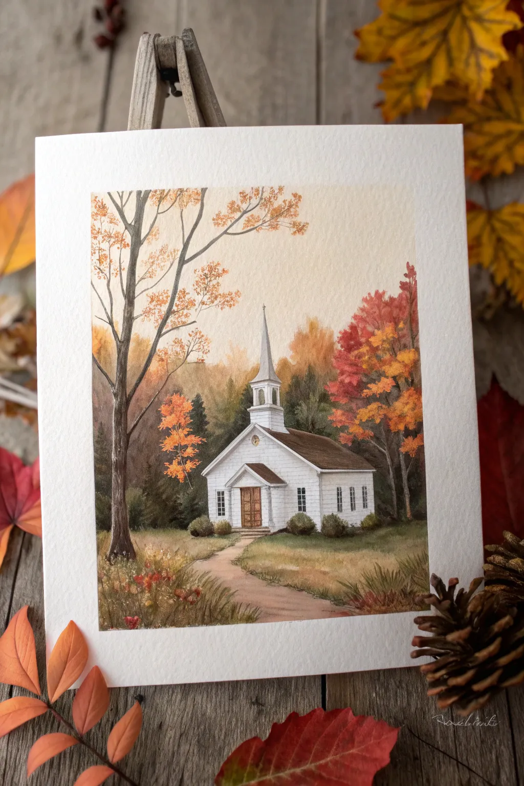 Cozy chapel between glowing autumn trees, a simple watercolor idea with Scandinavian calm