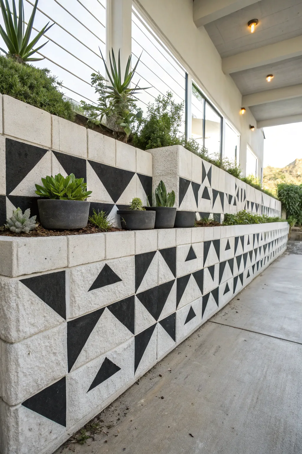 Matte black-and-white geometric cinder block planter wall with minimalist succulents