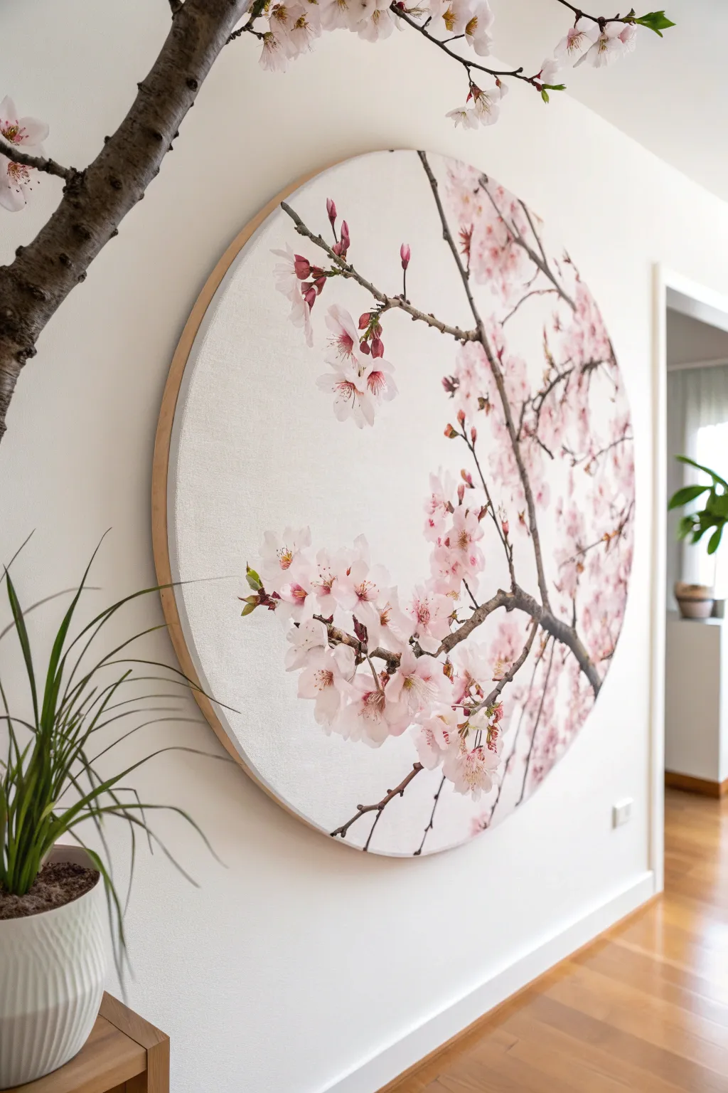 Delicate cherry blossoms hugging the rim of a round canvas, minimalist and dreamy.