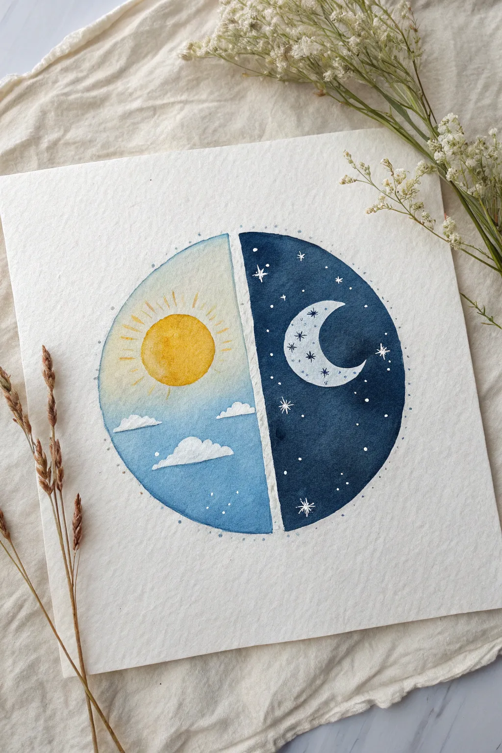 Minimal half-and-half circle: sunny skies meet starry night, perfect for modern boho sketching