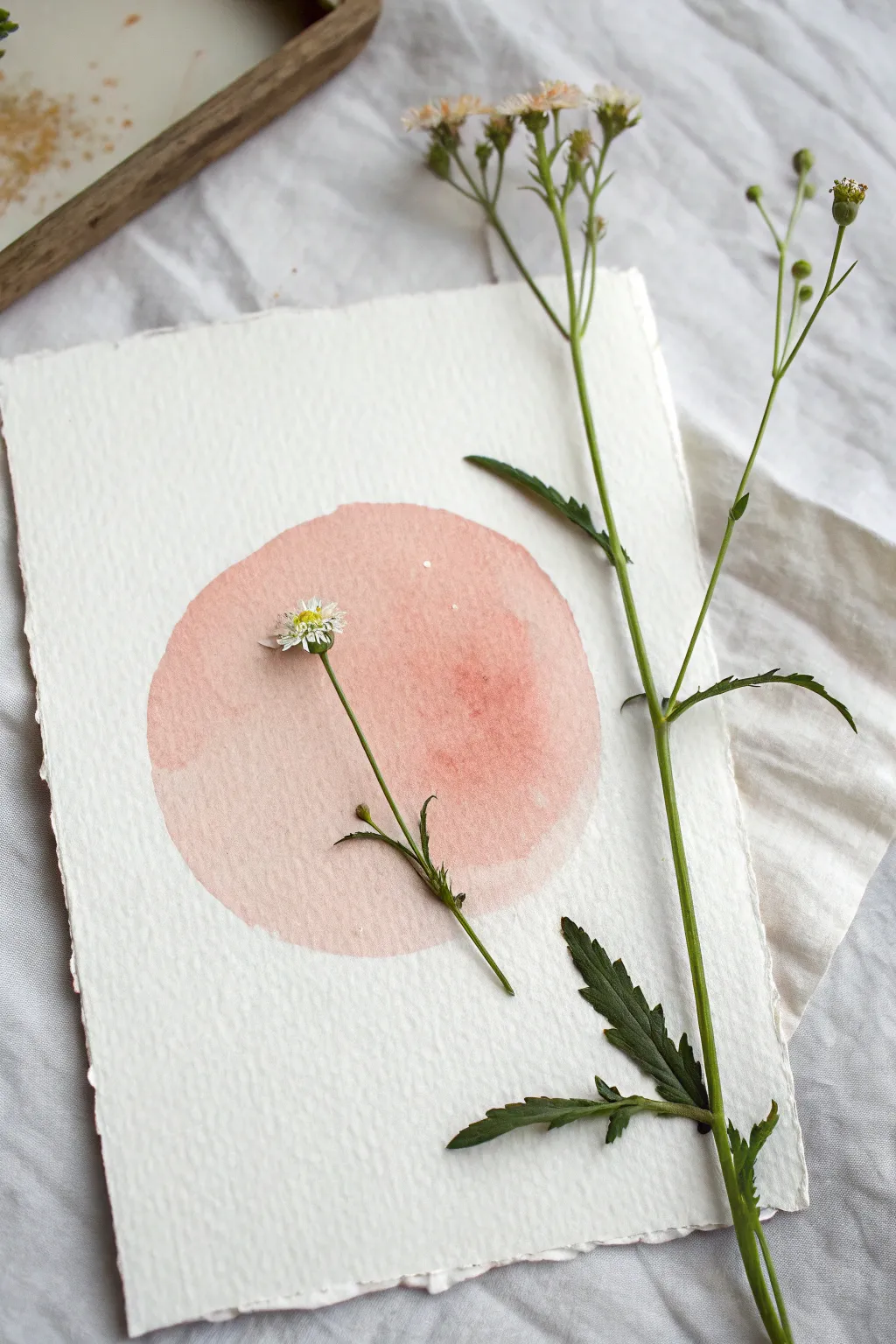 Minimal circle wash watercolor with a single wildflower for calm Scandinavian-boho vibes