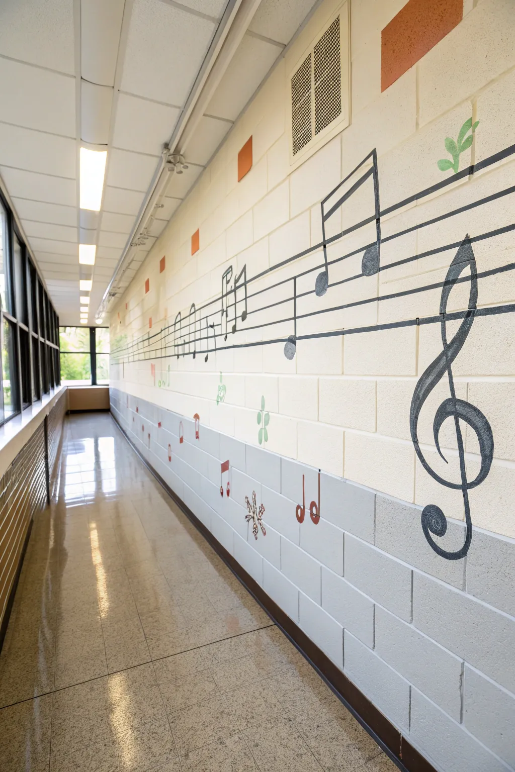 Minimal music staff wall mural for a calm classroom music corner, Scandinavian with soft boho warmth