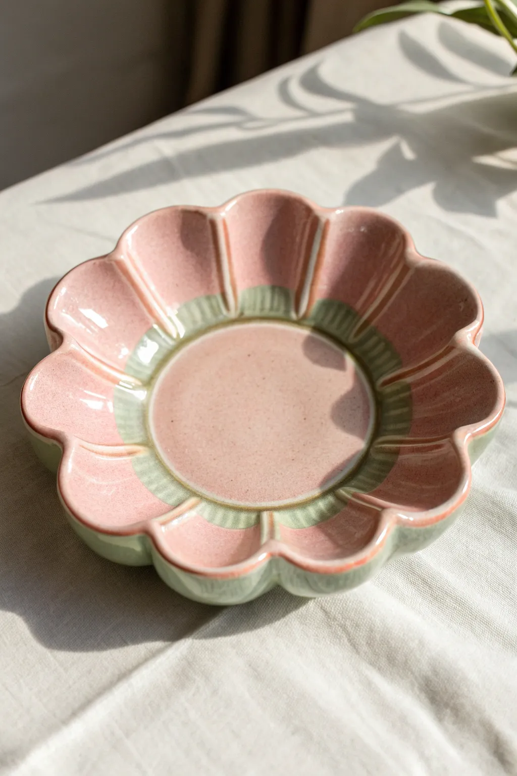 Scalloped petal clay ashtray in soft pastels with a glossy glaze, minimal Scandinavian boho charm