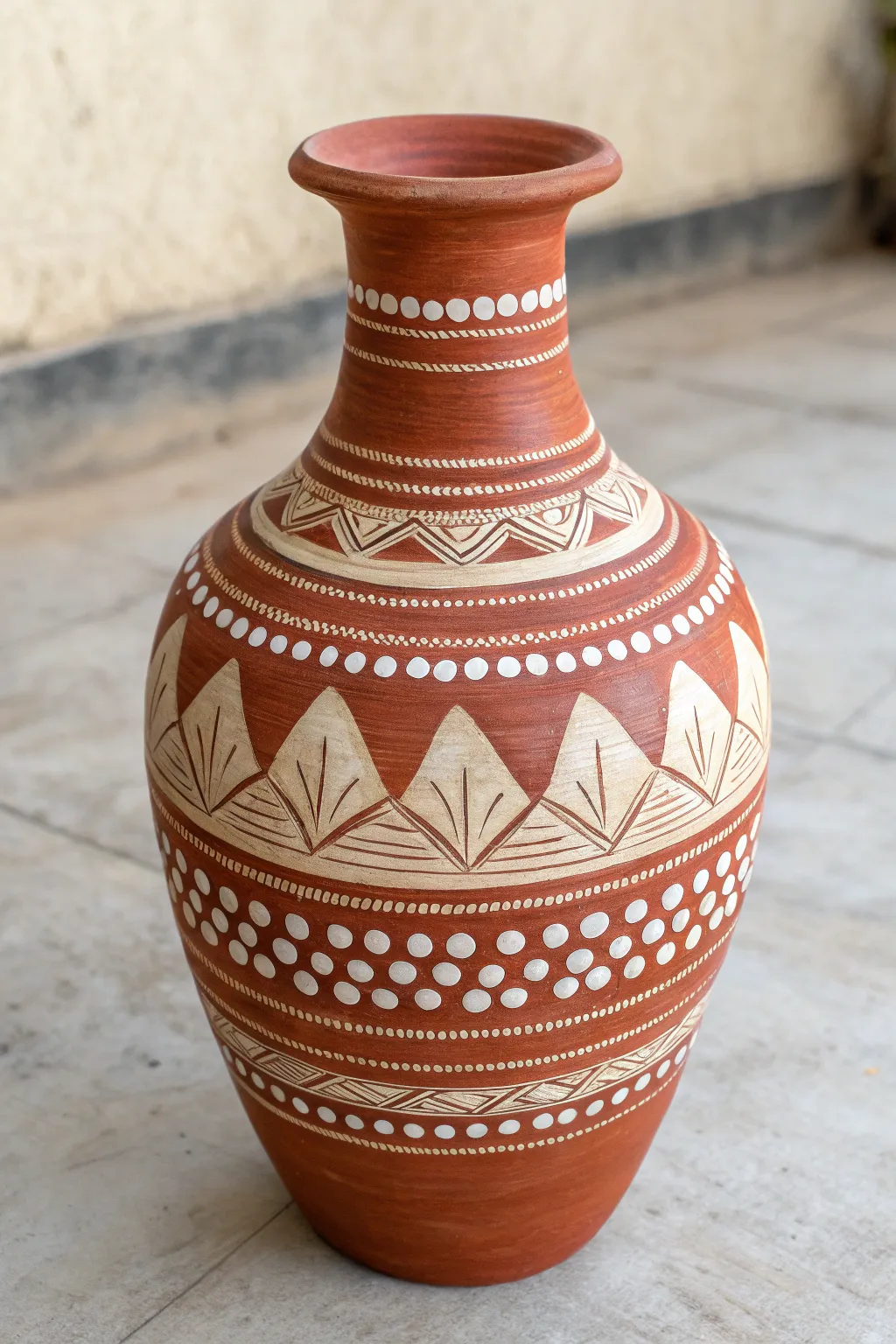 Warm earth-tone folk bands on a terracotta vase, styled simply with dried grasses