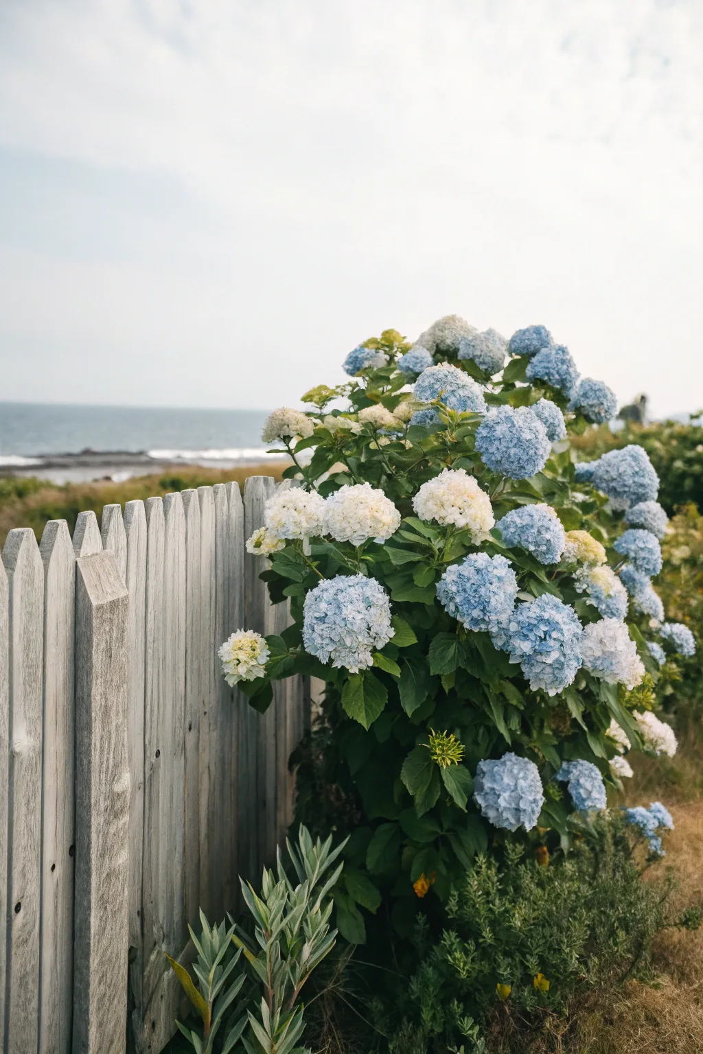 Blue and white hydrangeas against a weathered fence, calm coastal air and soft light.