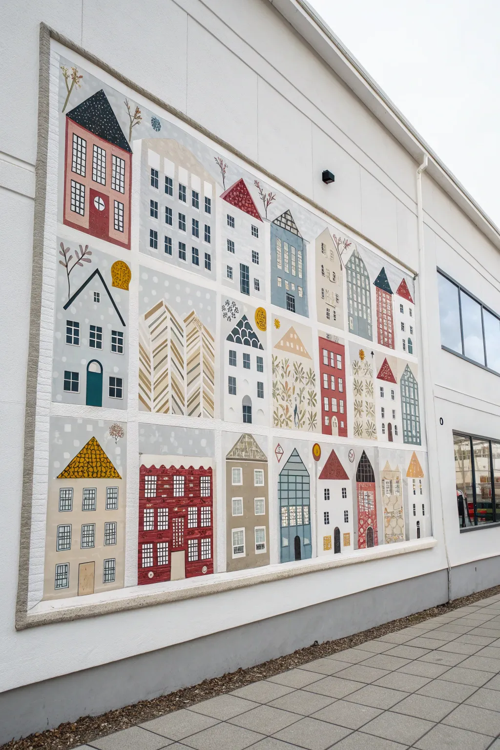 Team-built skyline mural panels, each unique yet harmonious, perfect for a collaborative neighborhood wall.